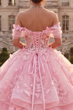 Off The Shoulder Pink Ball-Gown Ruffled Appliqued Quinceanera Dress