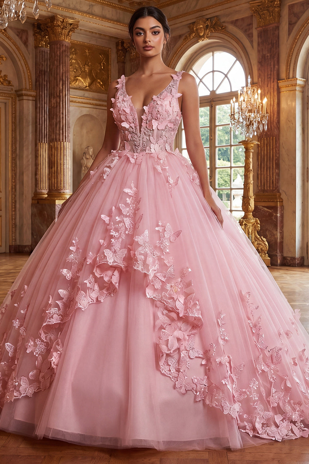 Zapaka Women Pink Quinceanera Dress V-Neck Ball-Gown Appliqued Sweet 16 Dress ZAPAKA Zapaka Women Pink Quinceanera Dress V-Neck Ball-Gown Appliqued Sweet 16 Dress ZAPAKA