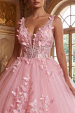 Pink V-Neck Ball-Gown Appliqued Quinceanera Dress