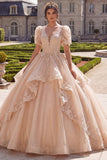 Champagne V-Neck Appliqued Ball-Gown Quinceanera Dress with Short Sleeves