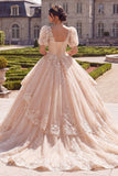Champagne V-Neck Appliqued Ball-Gown Quinceanera Dress with Short Sleeves