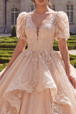 Champagne V-Neck Appliqued Ball-Gown Quinceanera Dress with Short Sleeves