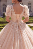 Champagne V-Neck Appliqued Ball-Gown Quinceanera Dress with Short Sleeves