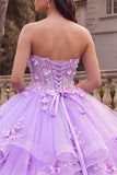 Strapless Lilac Ruffled Ball-Gown Quinceanera Dress with 3D Flowers