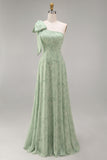 Dusty Sage One Shoulder Floral A-Line Long Bridesmaid Dress with Bow