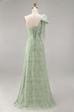 Dusty Sage One Shoulder Floral A-Line Long Bridesmaid Dress with Bow