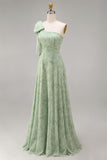 Dusty Sage One Shoulder Floral A-Line Long Bridesmaid Dress with Bow