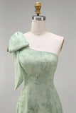 Dusty Sage One Shoulder Floral A-Line Long Bridesmaid Dress with Bow