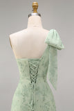 Dusty Sage One Shoulder Floral A-Line Long Bridesmaid Dress with Bow
