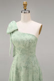Dusty Sage One Shoulder Floral A-Line Long Bridesmaid Dress with Bow
