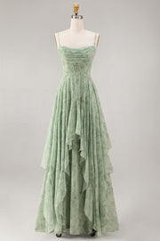 A-Line Dusty Sage Chiffon Floral Corset Spaghetti Straps Long Bridesmaid Dress