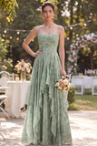 A-Line Dusty Sage Chiffon Floral Corset Spaghetti Straps Long Bridesmaid Dress