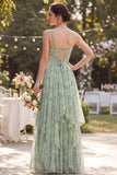 A-Line Dusty Sage Chiffon Floral Corset Spaghetti Straps Long Bridesmaid Dress