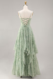 A-Line Dusty Sage Chiffon Floral Corset Spaghetti Straps Long Bridesmaid Dress