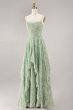 A-Line Dusty Sage Chiffon Floral Corset Spaghetti Straps Long Bridesmaid Dress
