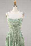 A-Line Dusty Sage Chiffon Floral Corset Spaghetti Straps Long Bridesmaid Dress