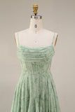 A-Line Dusty Sage Chiffon Floral Corset Spaghetti Straps Long Bridesmaid Dress