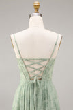 A-Line Dusty Sage Chiffon Floral Corset Spaghetti Straps Long Bridesmaid Dress