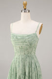 A-Line Dusty Sage Chiffon Floral Corset Spaghetti Straps Long Bridesmaid Dress