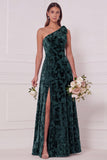 Dark Green A-Line One Shoulder Burnout Velvet Long Bridesmaid Dress with Side Slit