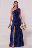 Dark Green A-Line One Shoulder Burnout Velvet Long Bridesmaid Dress with Side Slit