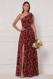 Dark Green A-Line One Shoulder Burnout Velvet Long Bridesmaid Dress with Side Slit