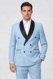 Light Blue 2 Piece Shawl Lapel Double Breasted Men's Prom Suits