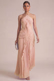 Yellow Halter Neck Pleated A-Line Asymmetrical Long Formal Dress with Ruffles