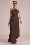 Yellow Halter Neck Pleated A-Line Asymmetrical Long Formal Dress with Ruffles
