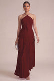 Yellow Halter Neck Pleated A-Line Asymmetrical Long Formal Dress with Ruffles