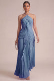 Yellow Halter Neck Pleated A-Line Asymmetrical Long Formal Dress with Ruffles