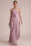 Yellow Halter Neck Pleated A-Line Asymmetrical Long Formal Dress with Ruffles