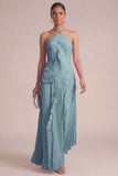 Yellow Halter Neck Pleated A-Line Asymmetrical Long Formal Dress with Ruffles