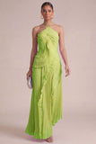 Yellow Halter Neck Pleated A-Line Asymmetrical Long Formal Dress with Ruffles
