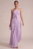 Yellow Halter Neck Pleated A-Line Asymmetrical Long Formal Dress with Ruffles