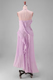 Yellow Halter Neck Pleated A-Line Asymmetrical Long Formal Dress with Ruffles