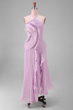 Yellow Halter Neck Pleated A-Line Asymmetrical Long Formal Dress with Ruffles