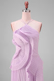 Yellow Halter Neck Pleated A-Line Asymmetrical Long Formal Dress with Ruffles