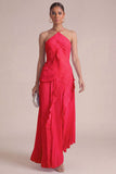Yellow Halter Neck Pleated A-Line Asymmetrical Long Formal Dress with Ruffles