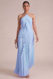 Yellow Halter Neck Pleated A-Line Asymmetrical Long Formal Dress with Ruffles
