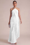 Yellow Halter Neck Pleated A-Line Asymmetrical Long Formal Dress with Ruffles