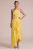 Yellow Halter Neck Pleated A-Line Asymmetrical Long Formal Dress with Ruffles