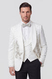 3 Piece Shawl Lapel White One Button Men's Wedding Suits with Beading