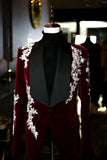 Shawl Lapel Black One Button Men's Wedding Suit Jacket with Appliques