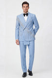 Shawl Lapel 2 Piece Light Blue Double Breasted Men's Prom Suits with Beading