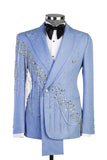 Shawl Lapel 2 Piece Light Blue Double Breasted Men's Prom Suits with Beading