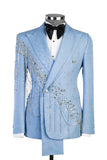 Shawl Lapel 2 Piece Light Blue Double Breasted Men's Prom Suits with Beading