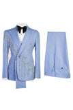 Shawl Lapel 2 Piece Light Blue Double Breasted Men's Prom Suits with Beading