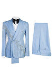 Shawl Lapel 2 Piece Light Blue Double Breasted Men's Prom Suits with Beading