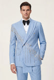 Shawl Lapel 2 Piece Light Blue Double Breasted Men's Prom Suits with Beading